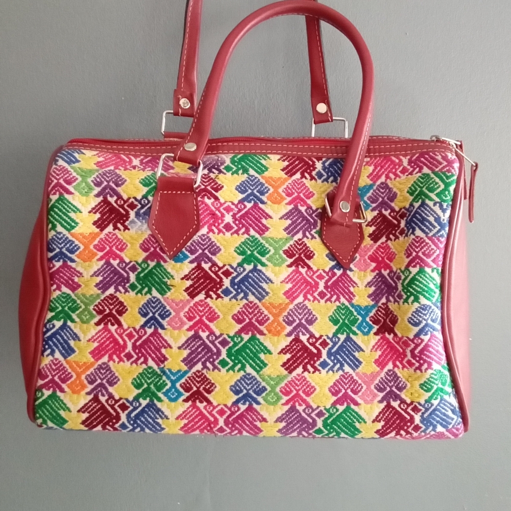Vibrant Embroidered Satchel Bag Red Leather Trim Colorful‎ Bird Pattern